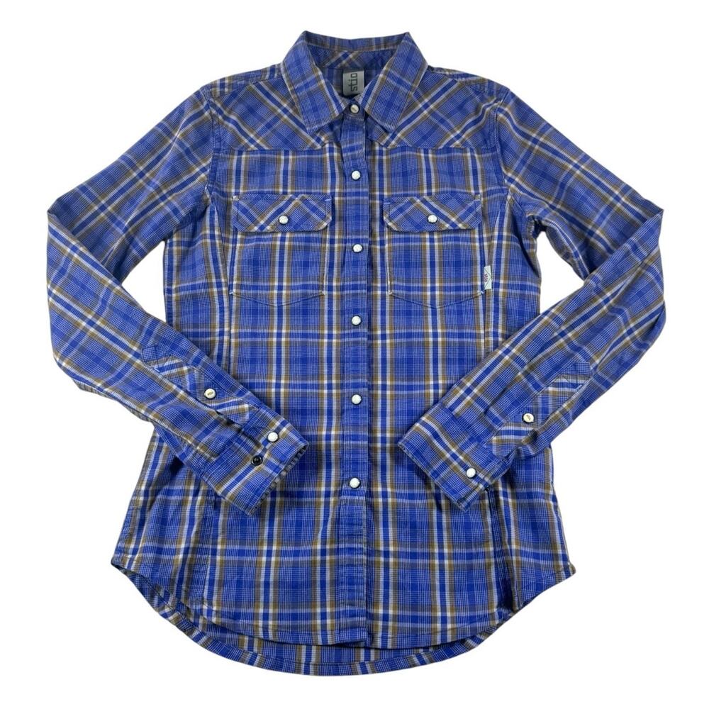 Stio Eddy Plaid Performance Snap Flannel Top XS Blue Yellow Western Long Sleeve
